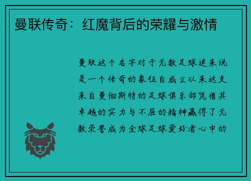 曼联传奇：红魔背后的荣耀与激情